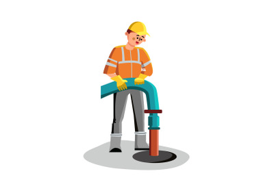 Sewer Cleaning Man Worker Plumbing Service Vector