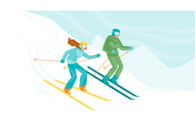 Man And Woman Skiing Downhill From Hill Vector