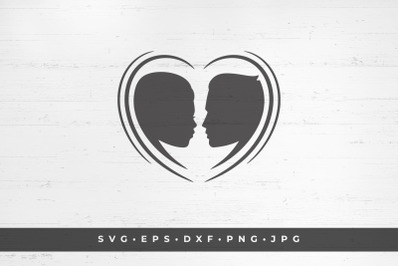 Couple loving heads in heart shape silhouette