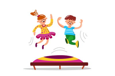 Happy Cute Children Jumping On Trampoline Vector