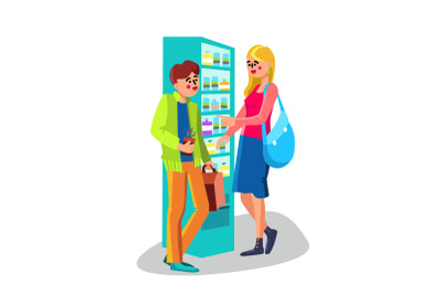 Man And Woman Talking Near Vending Machine Vector