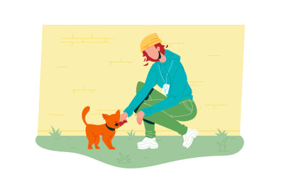 Woman Volunteer Feed Homeless Cat Vector Illustration