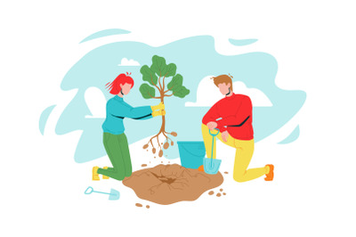 Man And Woman Volunteering Planting Tree Vector