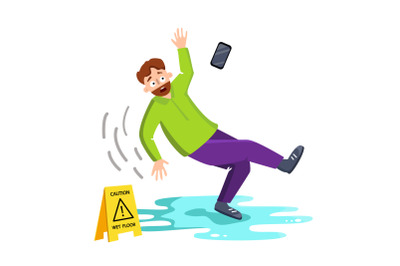 Man Falling On Wet Floor Near Caution Sign Vector