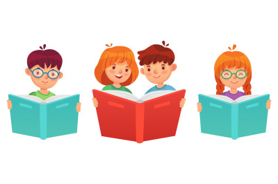 Kids reading book. Education boy girl illustration