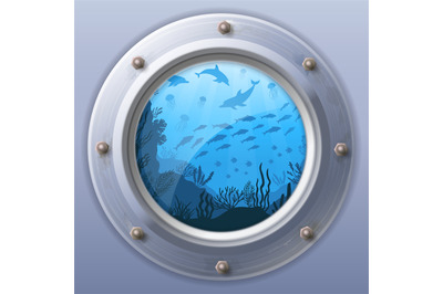 Submarine window view. Porthole round from underwater