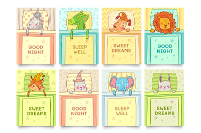 Sweet dreams card with sleeping animals set