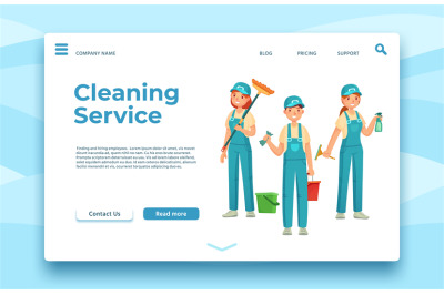 Cleaning service landing page. Professional housekeeping, people with