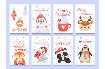 Cute animals christmas cards. Vector christmas winter holiday