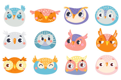 Cute owl faces. Set of face owl fun, drawing childish