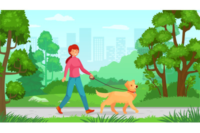 Girl walking with dog. Person walk canine