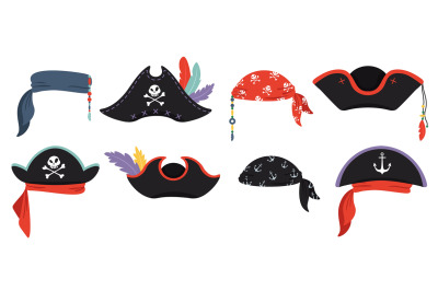 Pirates hats. Sea piracy cap fashion, buccaneer headgear