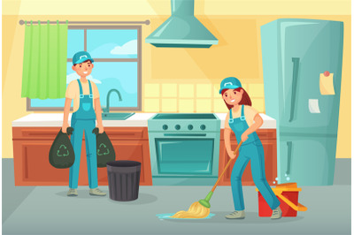 Professional cleaning workers cleaning kitchen. Service household