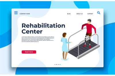 Rehabilitation center landing page. Vector recovery patient