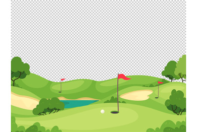 Golf background. Green golf course with hole and red flags for invitat