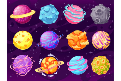 Fantasy planets. Colorful cosmic planet objects for game design fantas