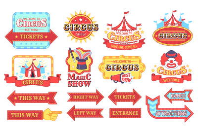 Vintage circus labels. Welcome show boards, carnival invitation tags,