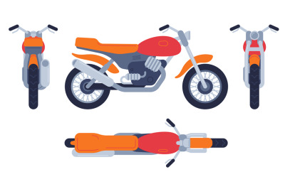 Motorcycle in different positions. Motorbike top&2C; front back and side