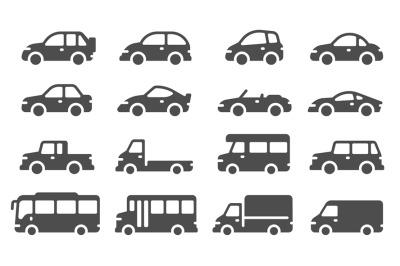 Car icons. Black vehicle silhouettes&2C; automobiles for travel&2C; auto mod