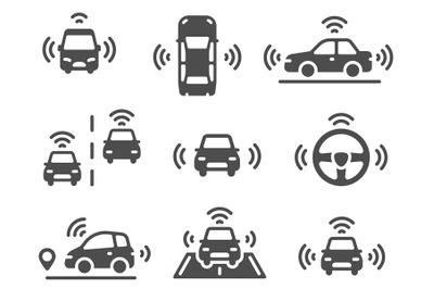 Driverless car icons. Autonomous robotic car, smart driving vehicles,