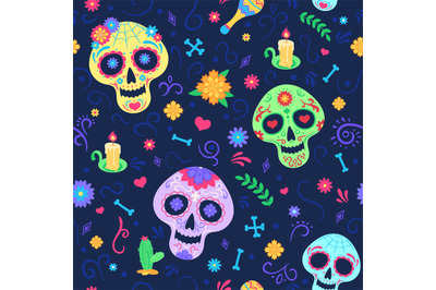 Dia de los muertos pattern. Dead day holiday symbols, skulls and flowe