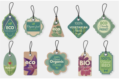 Eco label. Natural organic cardboard labels with ropes, vintage eco ta