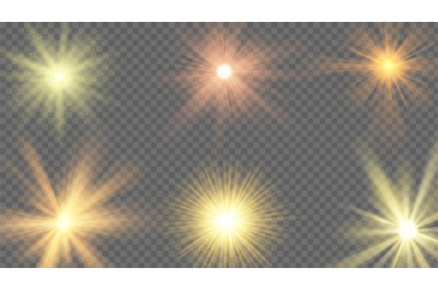 Sun ray effect. Starburst yellow shine, sunlight radiance on transpare