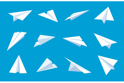 Paper plane. Flying planes in blue sky, white paper airplanes from dif