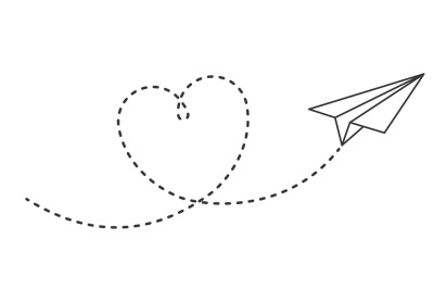 Paper plane with heart path. Flying airplane with dotted air route in