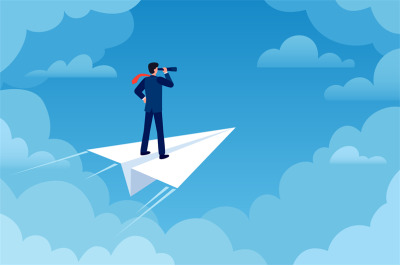 Business vision. Businessman on paper plane with telescope looking new