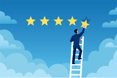 Customer rating. Businessman stands on ladder and gives 5 star, custom