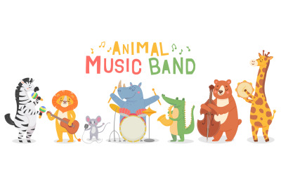 Animal musicians characters. Funny animals play musical instruments, m