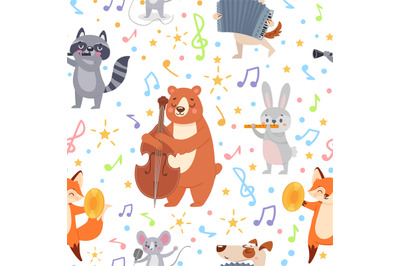 Animal musicians seamless pattern. Funny animals musicians play differ