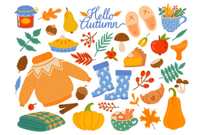 Autumn elements. Falling leaves, yellow plants and food, harvest festi