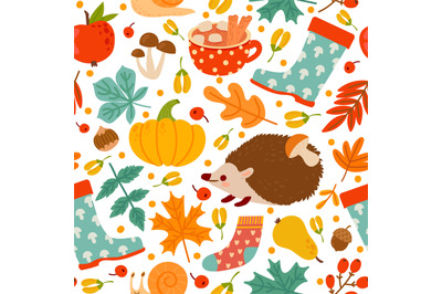 Autumn seamless pattern. Drawing pumpkin, nuts, plants. Abstract harve