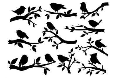 Bird and twig silhouettes. Cute birds and on branch&2C; romantic spring i