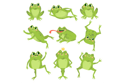 Cute frogs. Green funny frogs in various poses, happy animals group. S