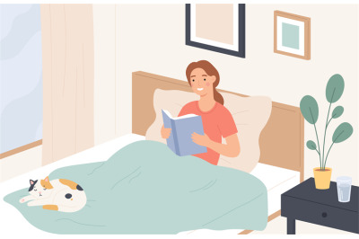 Woman reading in bed. Young girl reads book and relaxes on sofa. Lazy