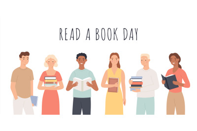 Read a book day. People standing with books, young men and women read