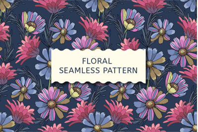 Floral seamless pattern. Pink, blue flowers.