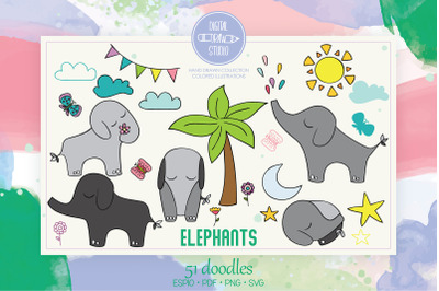 Hand Drawn Elephants Color | Jungle Animal, Sun, Moon, Flower, Tree