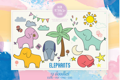 Hand Drawn Elephants Color | Jungle Animal, Sun, Moon, Flower, Tree