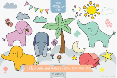 Hand Drawn Elephants Color | Jungle Animal, Sun, Moon, Flower, Tree