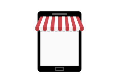 Tablet with striped awning. Template for web shop