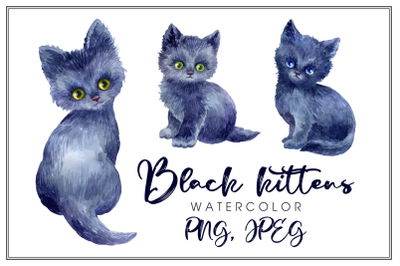 Black kittens. Watercolor illustrations