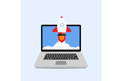 Launching startup with laptop. Start rocket