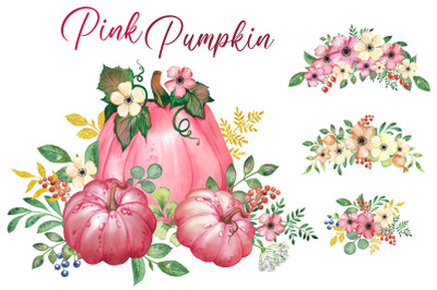 Pink pumpkin clipart. Watercolor pumpkins, flowers, greenery, greeting