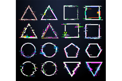 Glitch white frames. Distorted circle, square and triangle and polygon