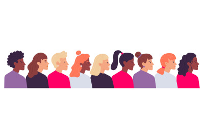 Profile women portraits. Diverse female heads side view. Cartoon chara