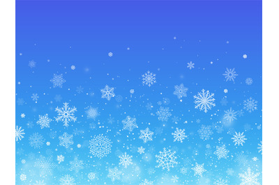 Snowflakes blue background. Winter falling snow. Christmas holiday dec